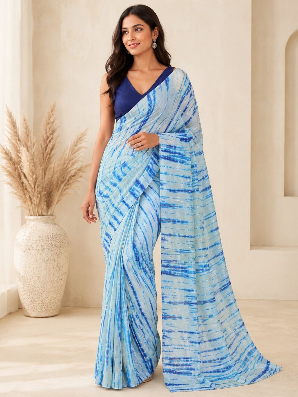 Multicolor Georgette Saree & Stitched Blouse-blue/white
